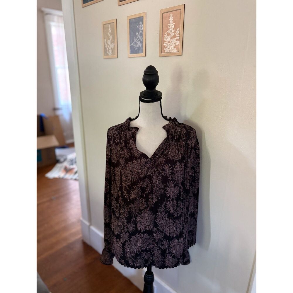 Ann Taylor Floral Paisley Print Ruffle Neck Blouse | Women's Large